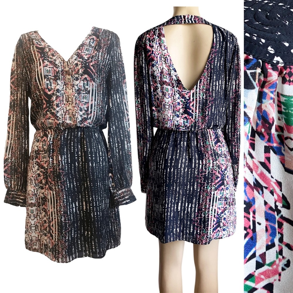 Parker Silk Geometric Pink Surplice Wrap Pattern Long Sleeve Rainbow Mini Dress